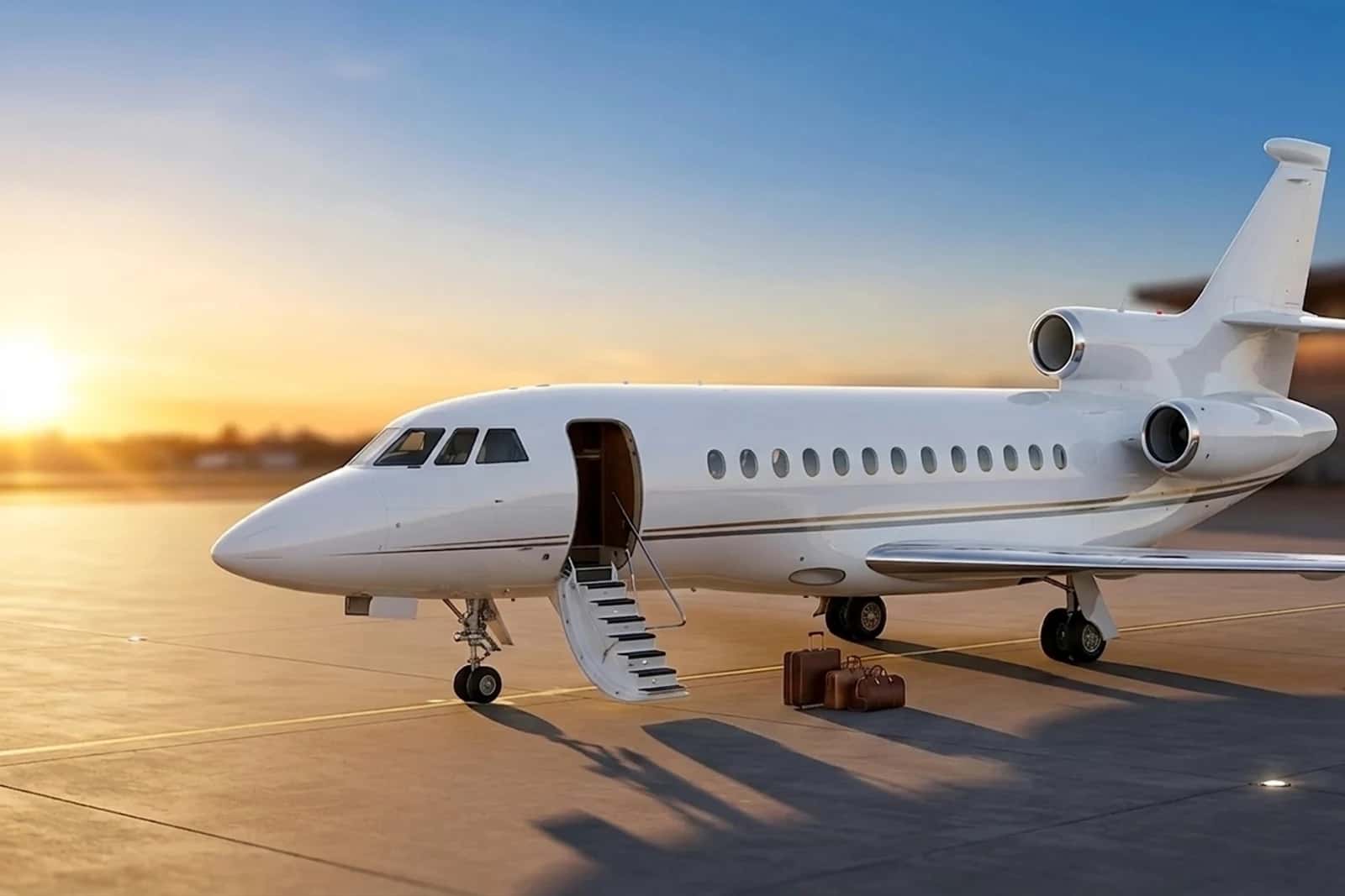 Dassault Falcon 8X large-cabin jet at sunset