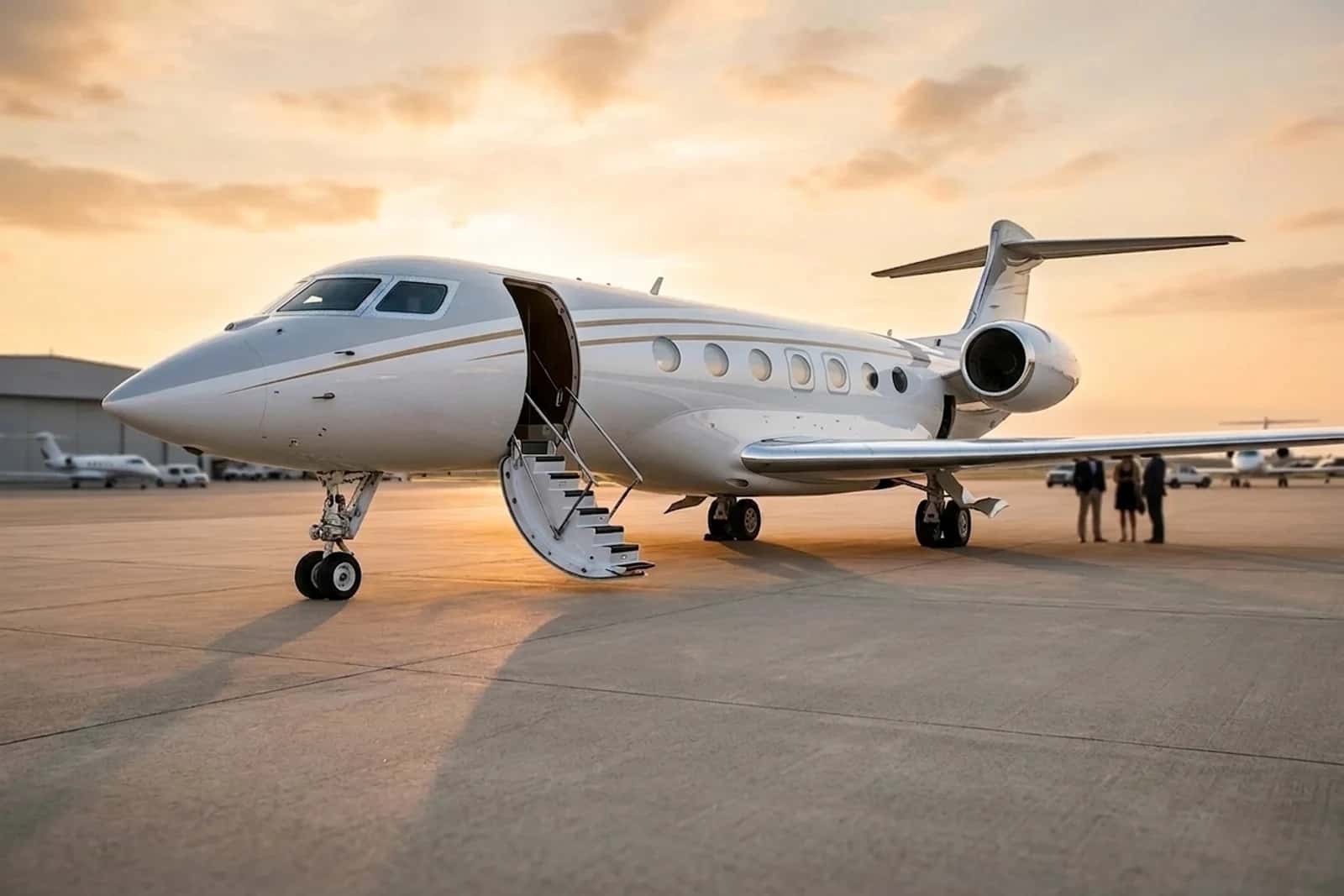 Gulfstream business jet on the ramp at sunset
