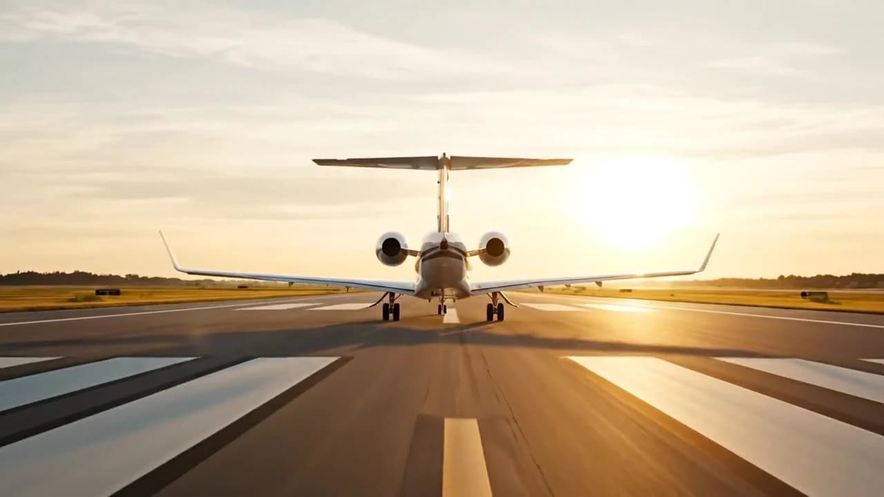 Private jet taking off from the runway at sunset