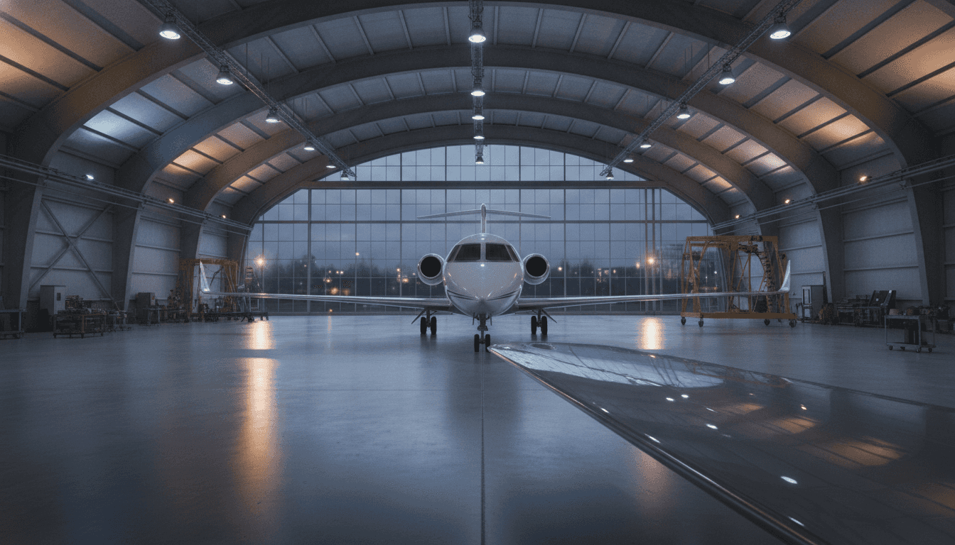 Private jet on the tarmac at sunset