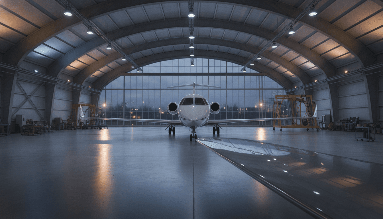 Private jet on the tarmac at sunset