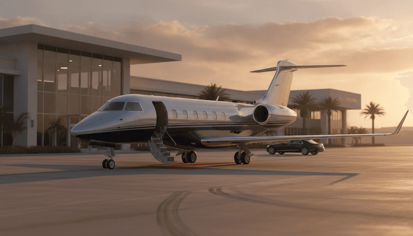 Private jet on the tarmac at sunset