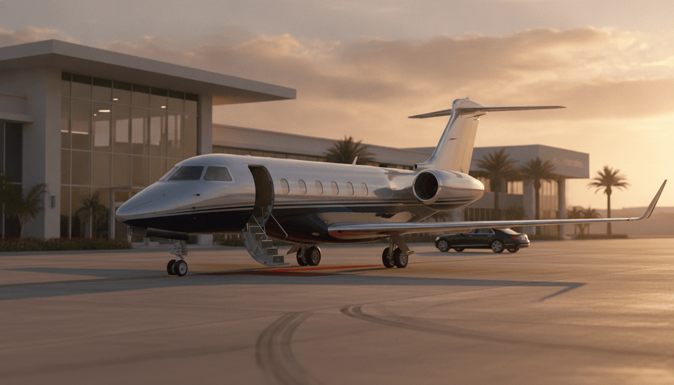 Private jet at a terminal at golden hour