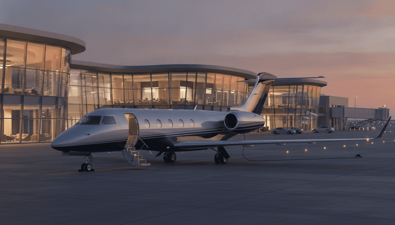 Private jet at a modern executive terminal at dusk
