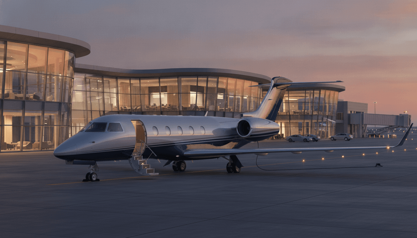 Private jet at a modern executive terminal at dusk