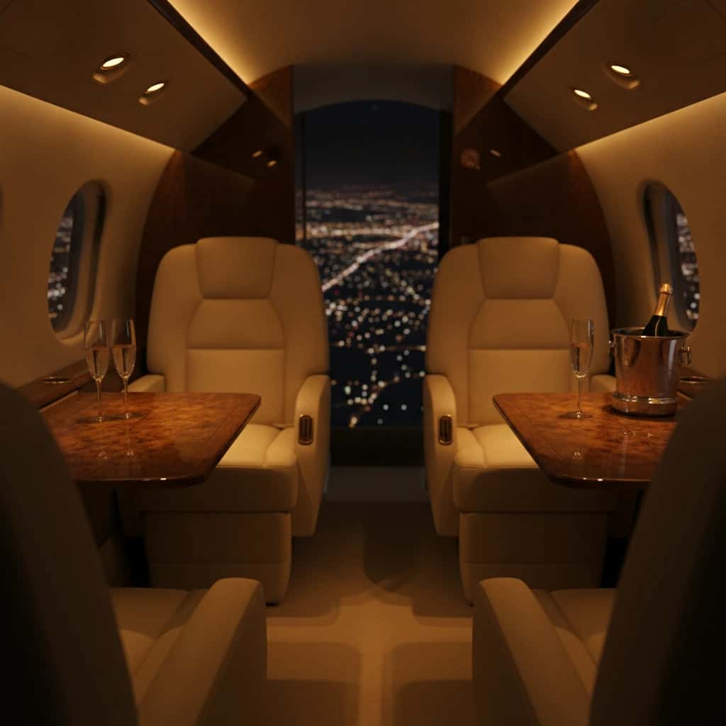 Private jet flying above the clouds