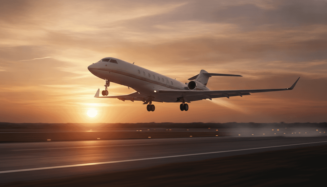 Private jets parked on an airport ramp