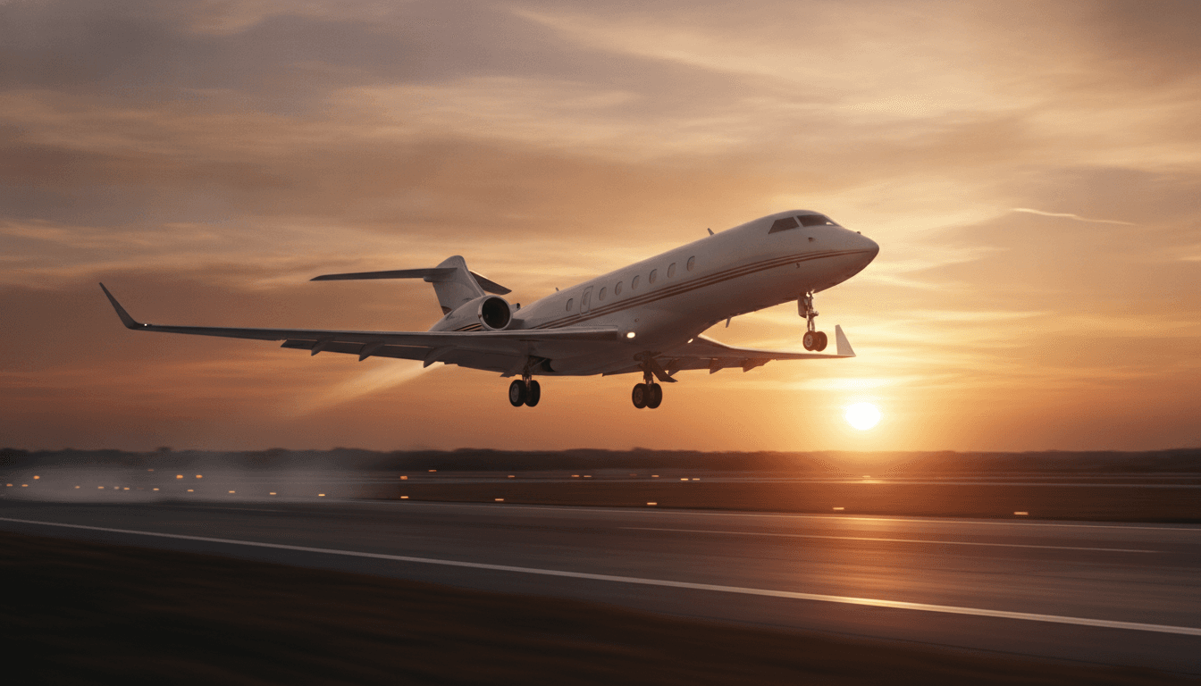 Private jet taking off at sunset