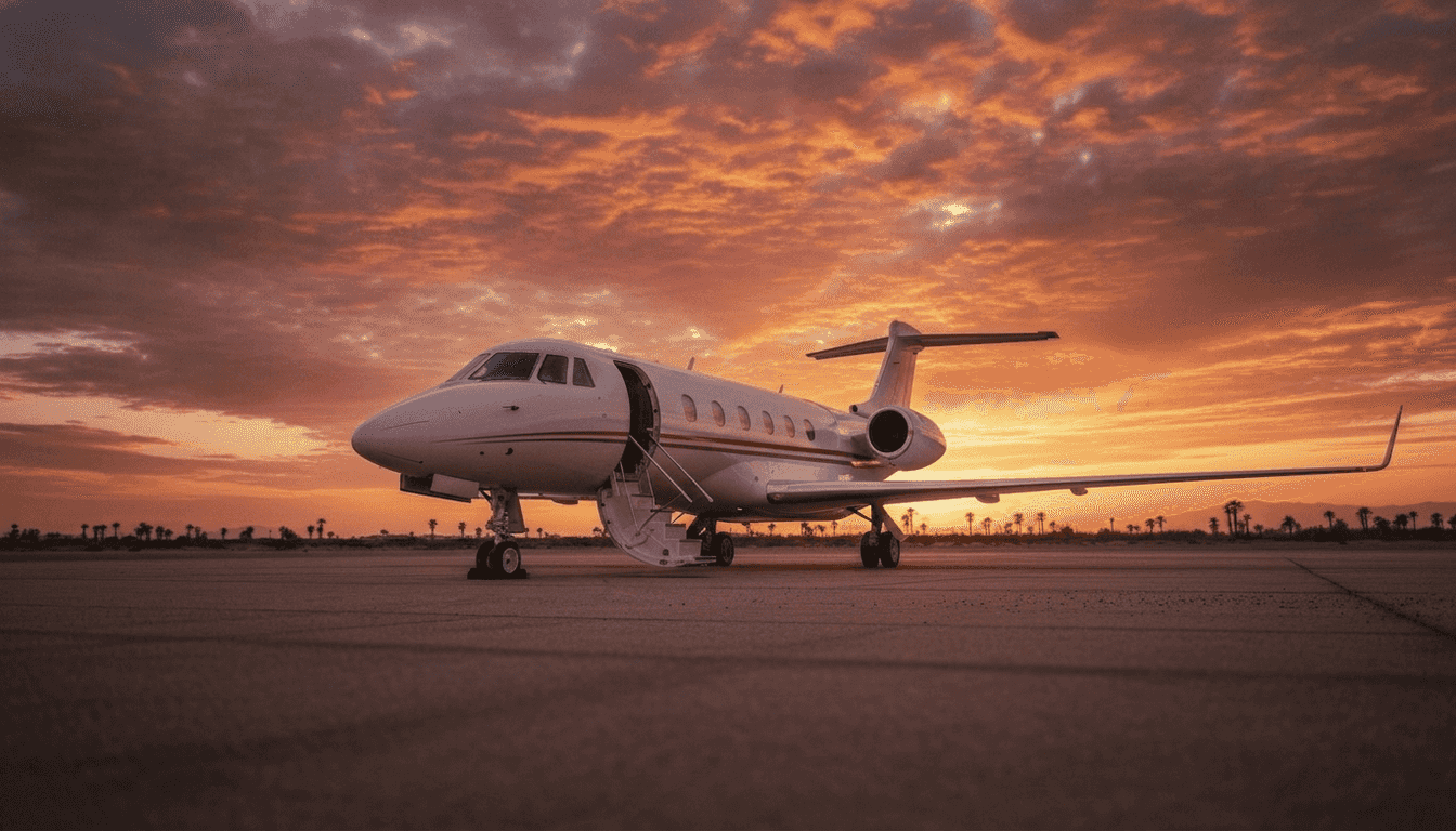 Private jet on the tarmac at golden hour