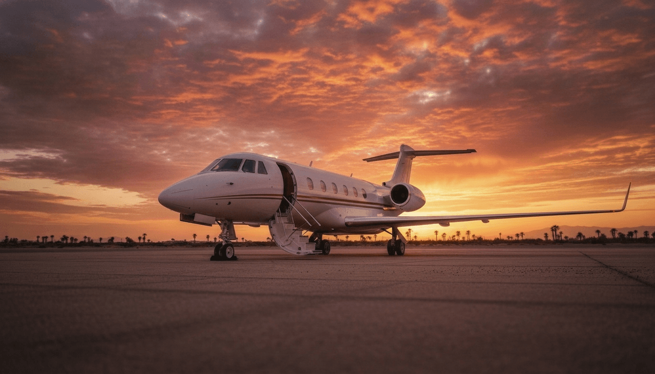 Private jet on the tarmac at golden hour